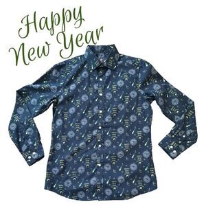 Simon Banks Happy New Year Holiday Cheer Button Down Shirt Size SM Neck 15 NWT